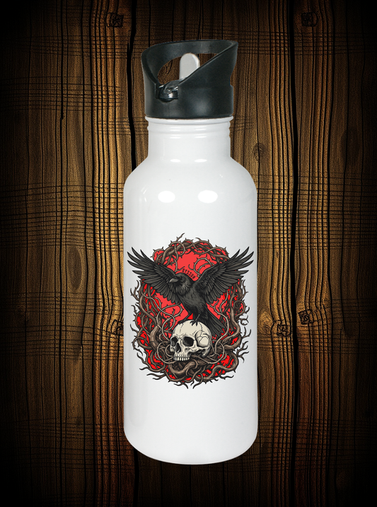 Rabe auf Totenschädel - Edelstahl-Trinkflasche
